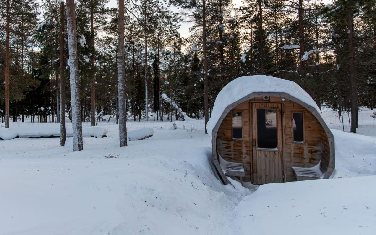 Sauna barrel behind our cabin, which we share with the neighboring house