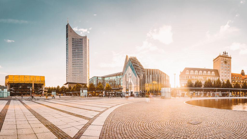 From left to right: Gewandhaus, City-Hochhaus, Neues Augusteum, Egyptian Museum on Augustusplatz in Leipzig