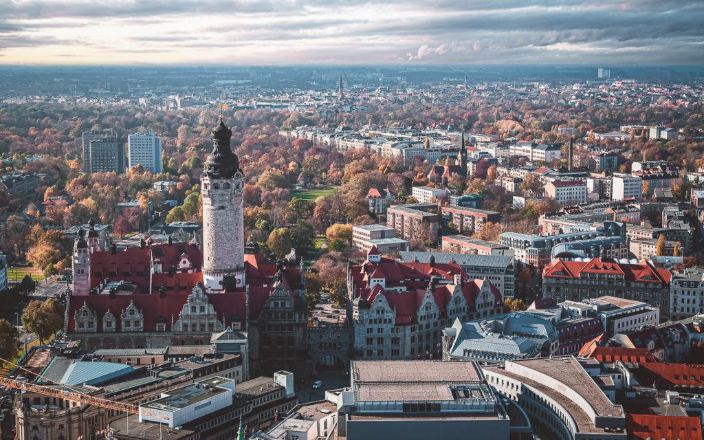 View from City Hochhaus in Leipzig of St. Thomas Church and downtown
