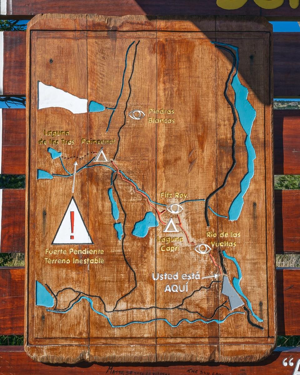 Kaart van de wandeling naar Laguna de los Tres in El Chaltén