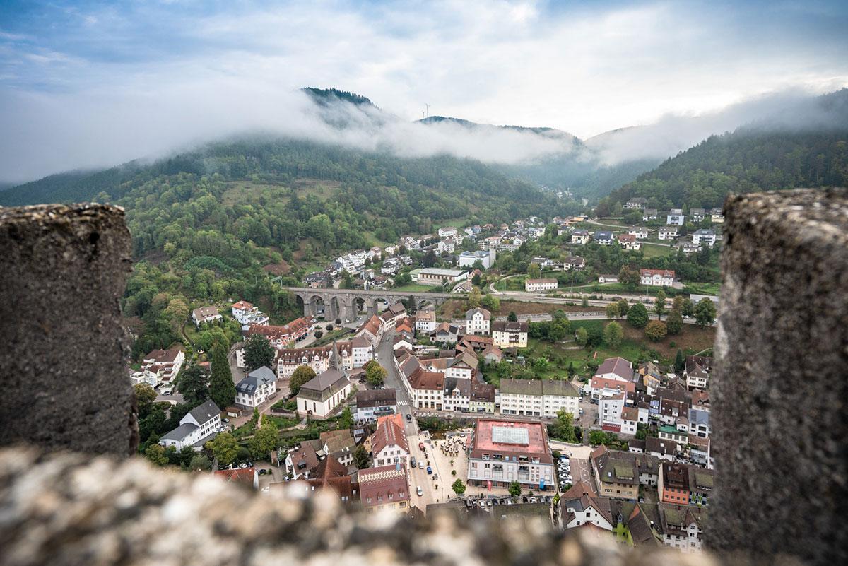 View from the castle keep in Hornberg overlooking the Gutachtal, viaduct, and the Black Forest Railway.