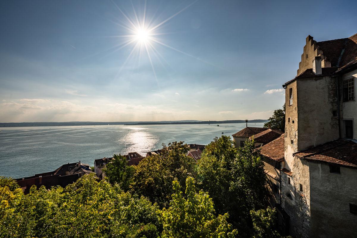 View of Lake Constance and vineyards in Meersburg.