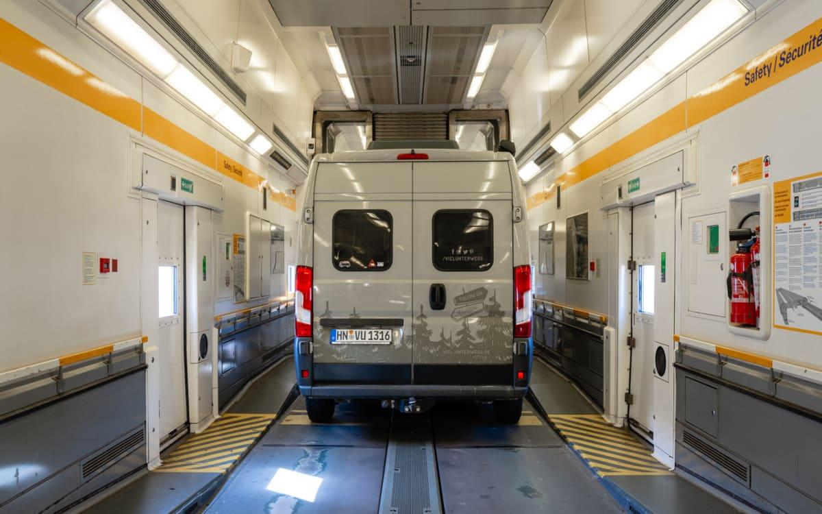 On the Le Shuttle train from Calais to Folkestone with the motorhome
