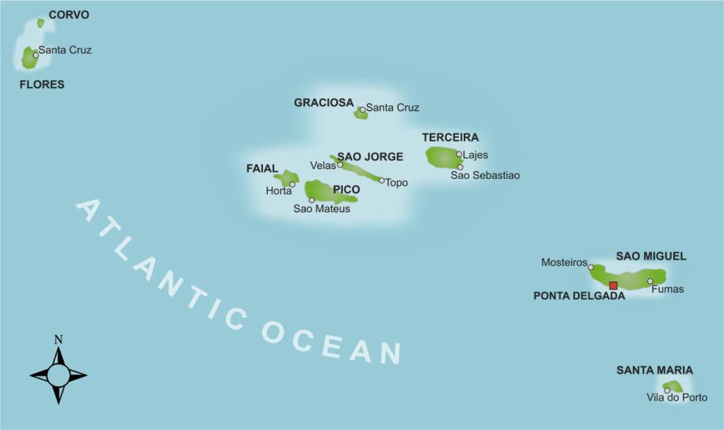 Map of the Azores islands, which belong to Portugal.