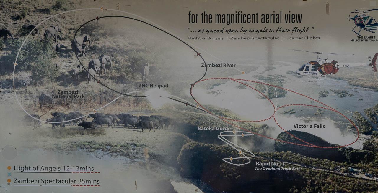Infobord over de helikoptervlucht boven de Victoria Watervallen