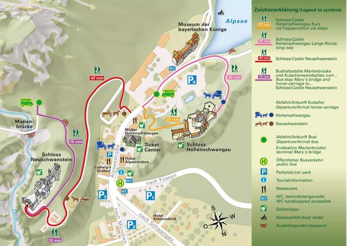 Plaatselijke kaart Hohenschwangau met parkeerplaatsen voor het bezoek aan Slot Neuschwanstein en Slot Hohenschwangau
