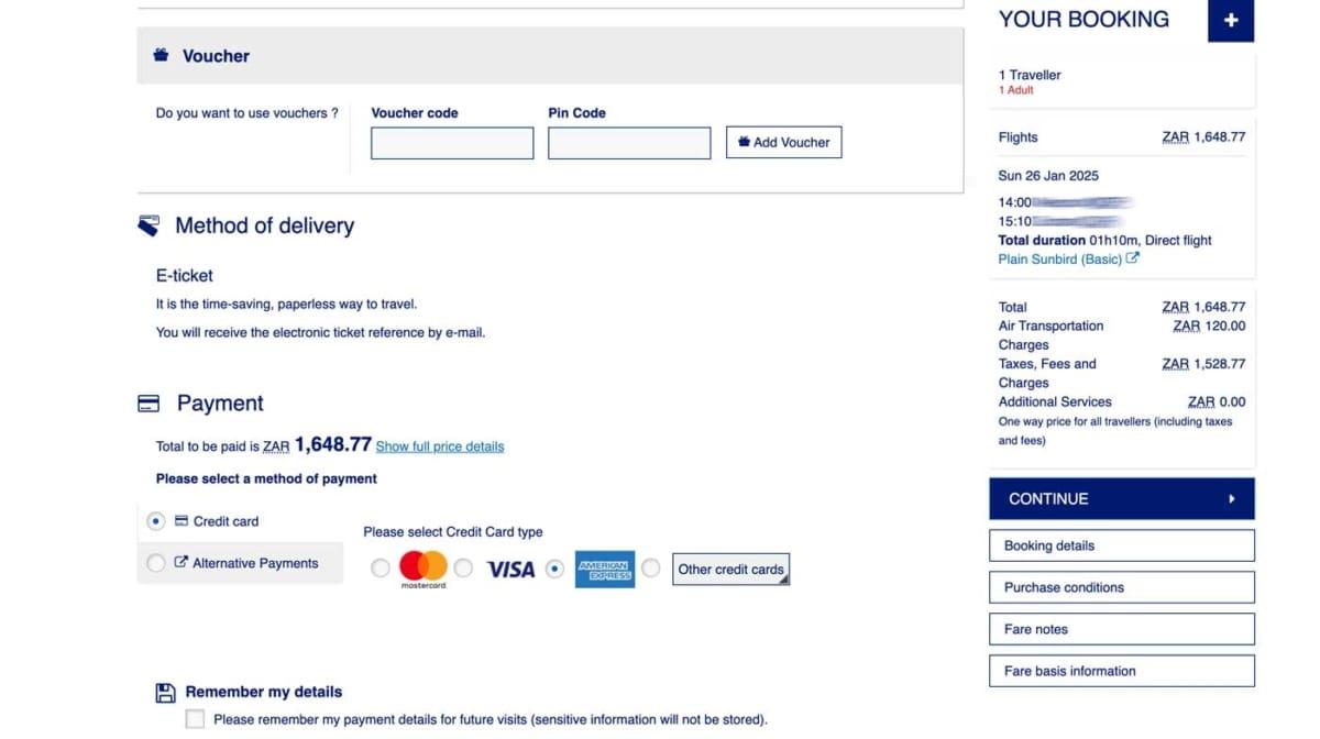 Booking domestic flights with an American Express Platinum Card in South Africa