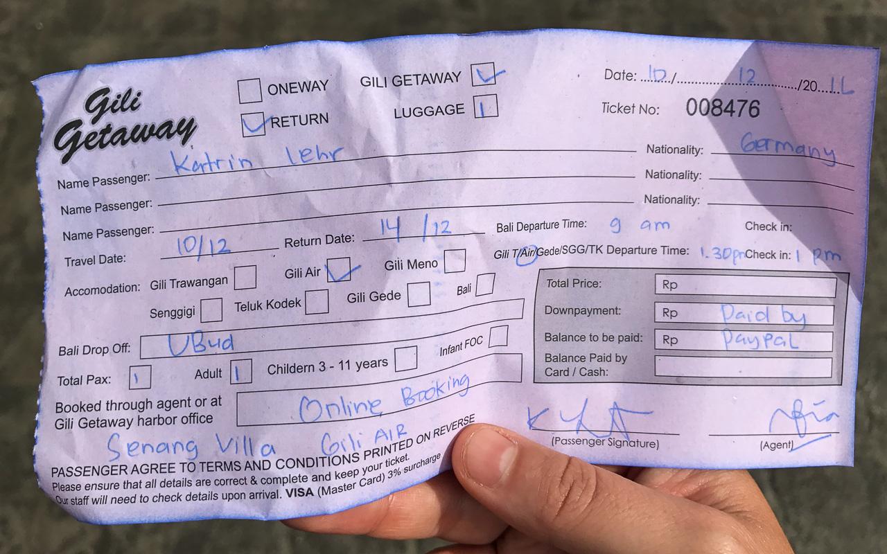 Billet et reçu pour le speedboat de Bali vers les îles Gili