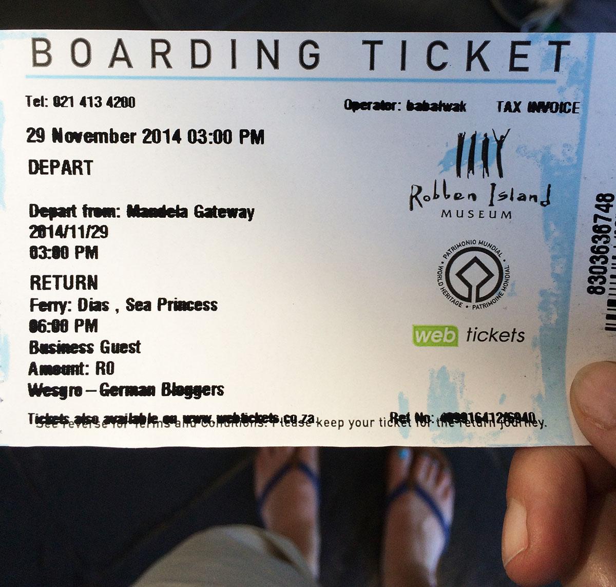 Visite de Robben Island : Mon billet pour Robben Island