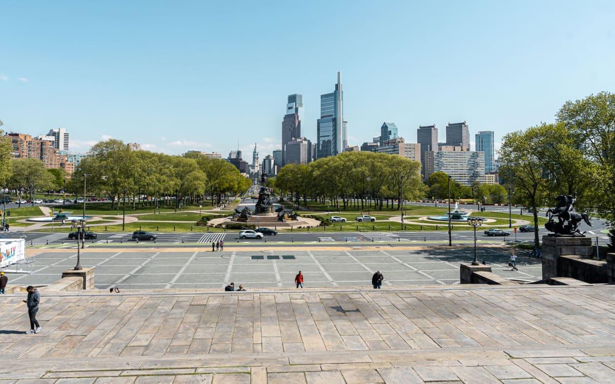 View from the Rocky Steps down at downtown Philadelphia