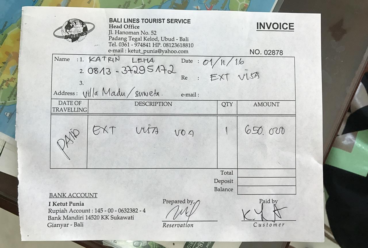 Invoice from Agent for extending Free Tourist Visa in Indonesia