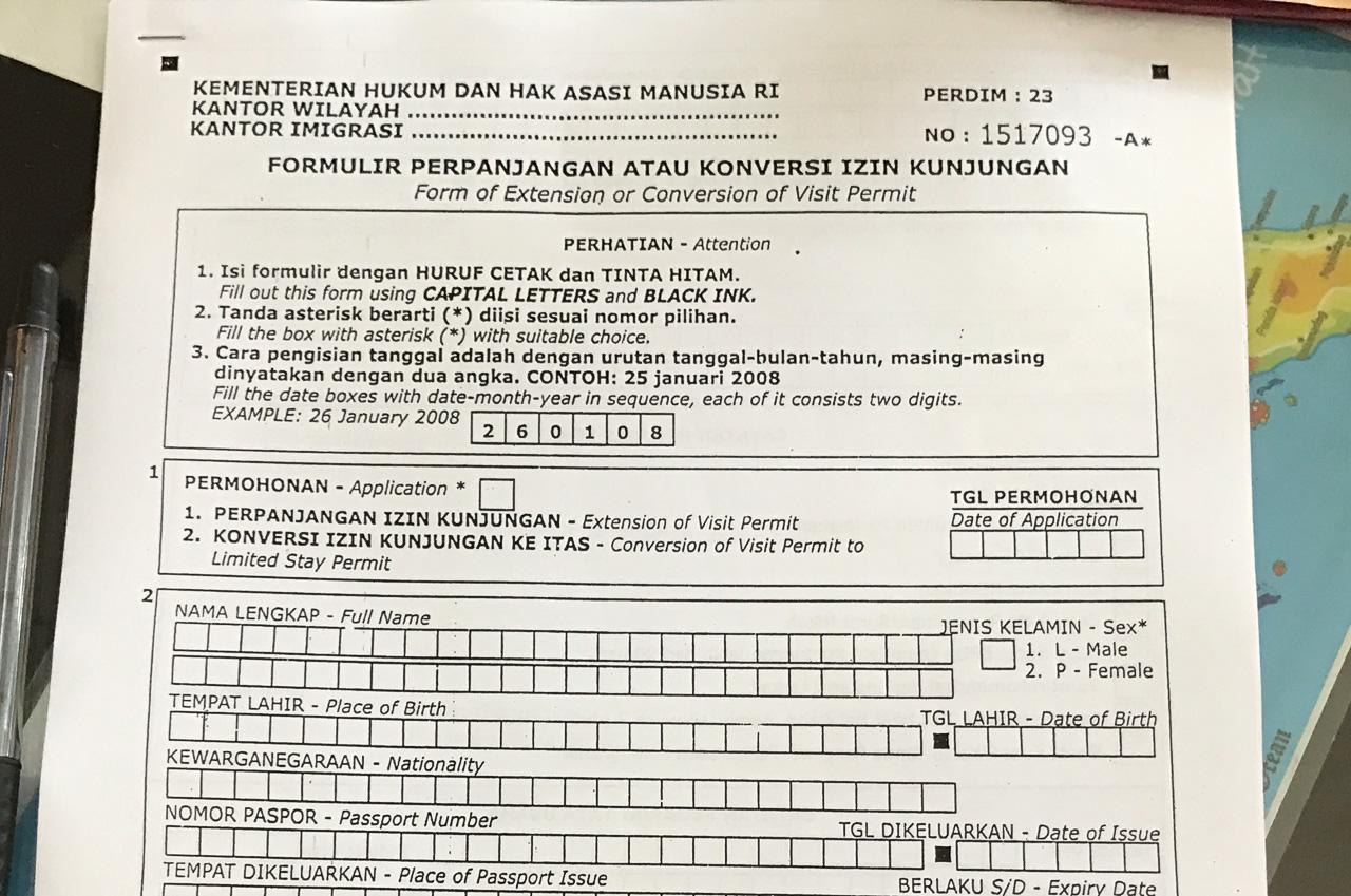 Fill out document to extend Free Tourist Visa in Indonesia