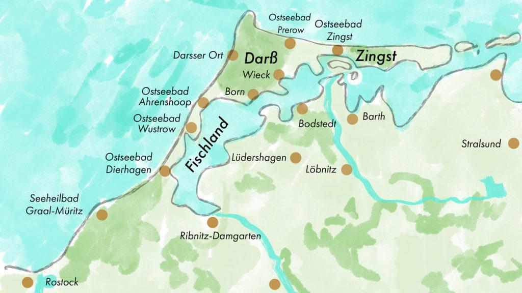 Kaart Fischland-Darß-Zingst, zodat je de plaatsen en regio's gemakkelijker herkent.