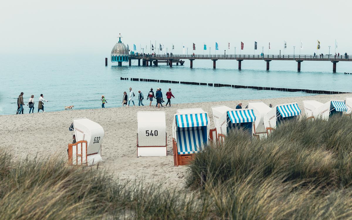 Beach in Zingst with pier and diving gondola