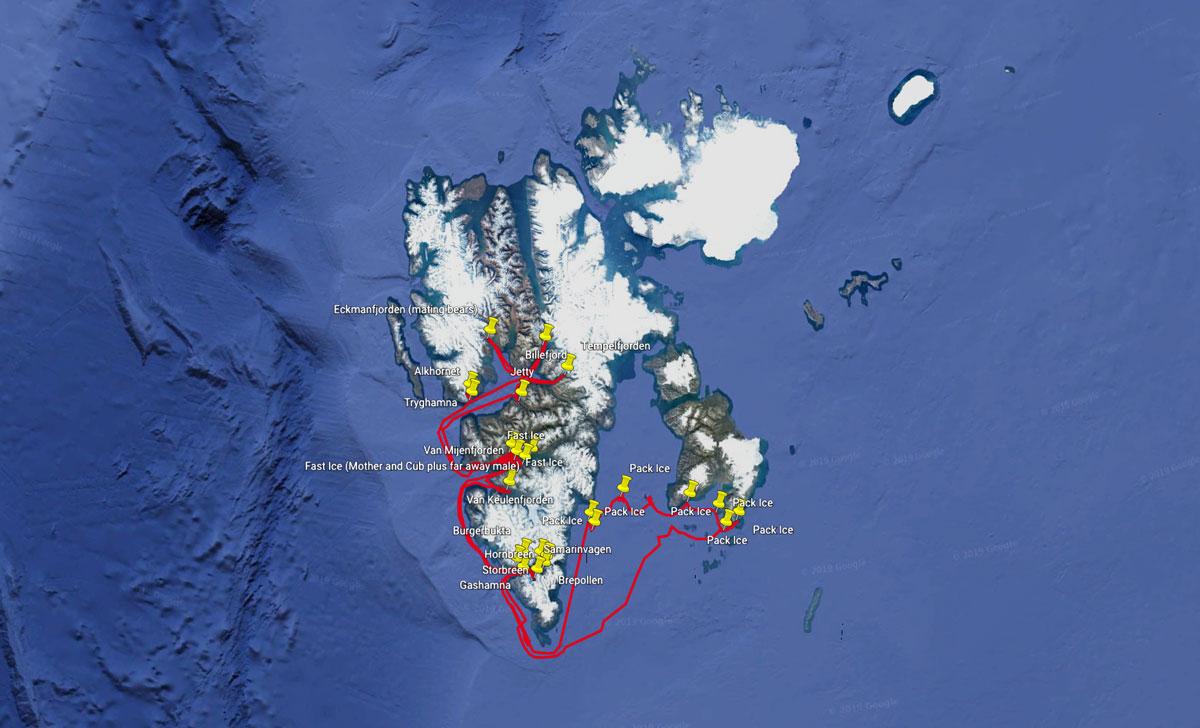 Route of the expedition by ship from Spitsbergen (Arctic)