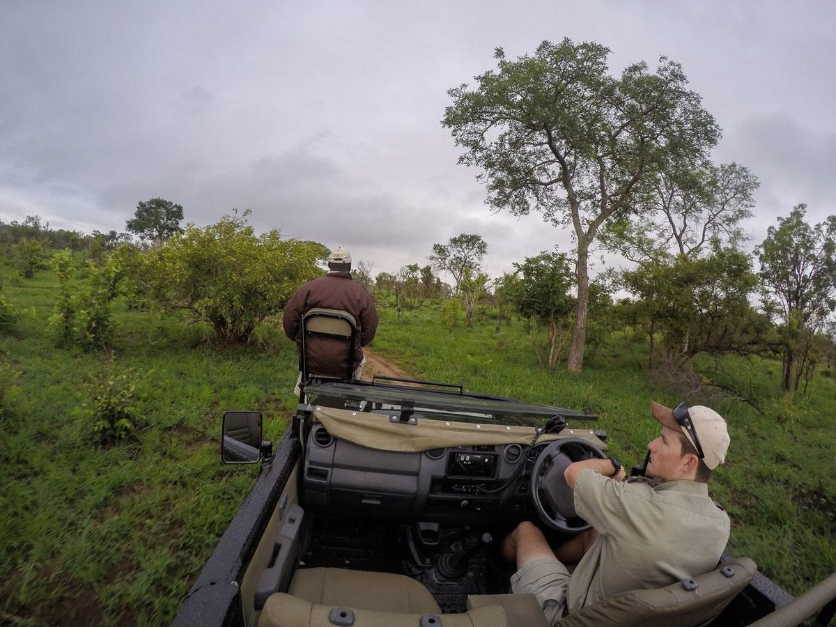 Game Drive Car Sabi Sabi. Tracker Candy sits in the front and Ranger Marcus drives the jeep over all terrains without stalling the engine
