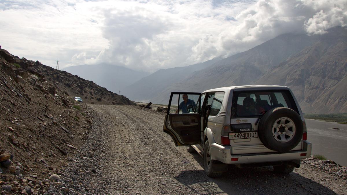 Pamir Highway on the road with a car