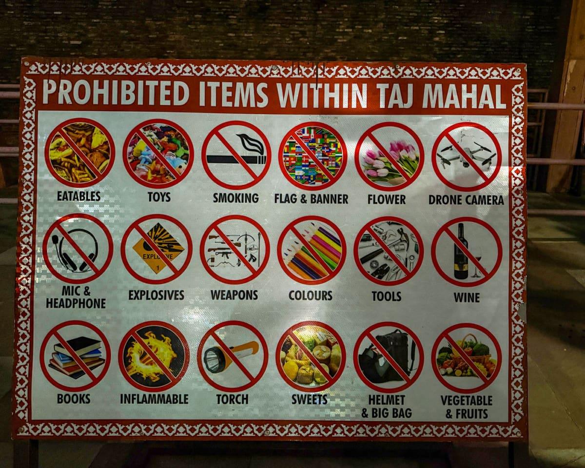 Sign at the Taj Mahal with prohibited items