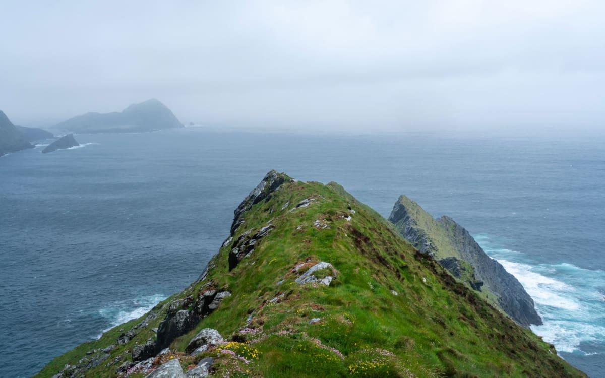 Kerry Cliffs view of Skellig Island in fog