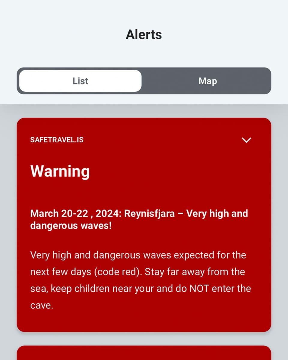 Always pay attention to warnings in the safetravel.is app for Iceland