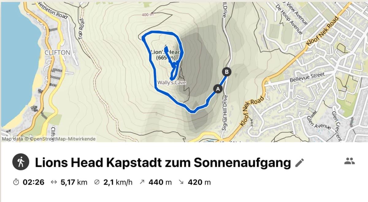 Map for the hike up Lion's Head in Cape Town