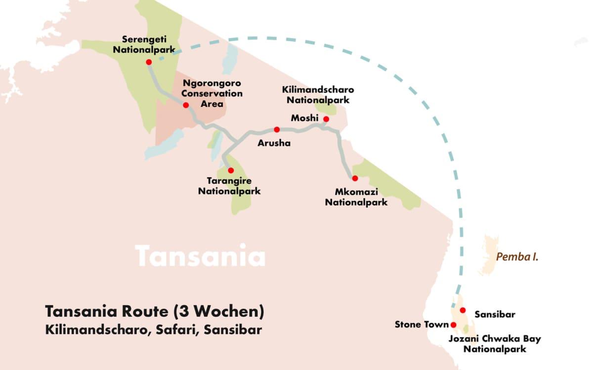 Route voor 3 weken Tanzania met Zanzibar als kaart om in te zien