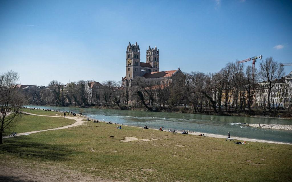 Isar River banks at Reichenbachbrücke in Munich