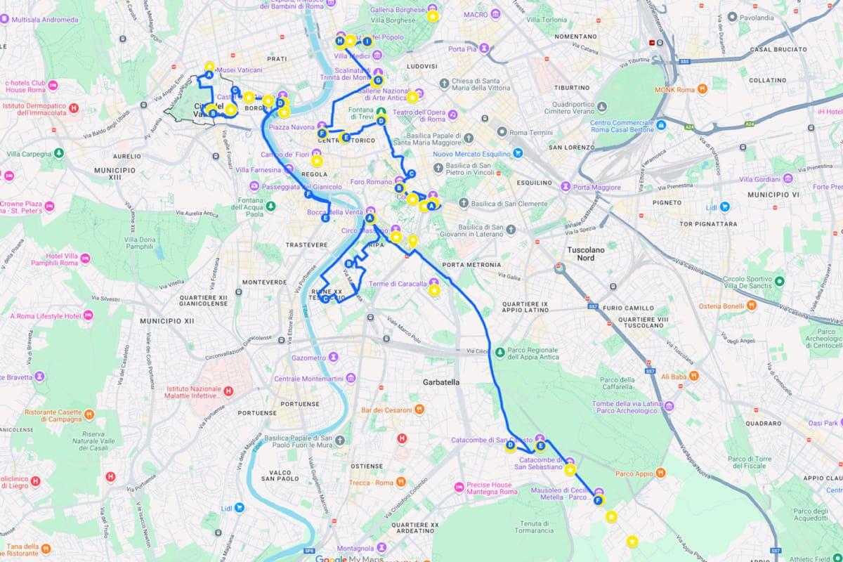 Map of 3 Days in Rome with Walking and Biking Plan