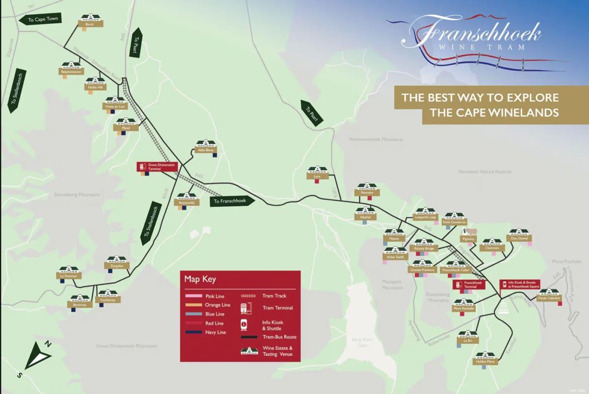 Carte des itinéraires de la Wine Tram à Franschhoek ; Source : https://winetram.co.za/
