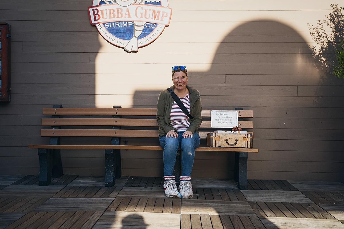 Bench with shoes from Forrest Gump at Bubba Gump Shrimp Restaurant Fisherman's Wharf San Francisco