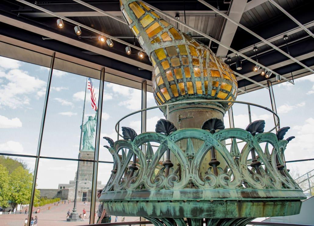 The original and damaged torch of the Statue of Liberty in the museum