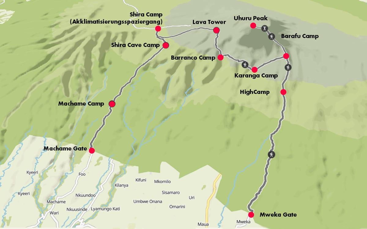 Map of the Camps of the Machame Route on Kilimanjaro in Tanzania.