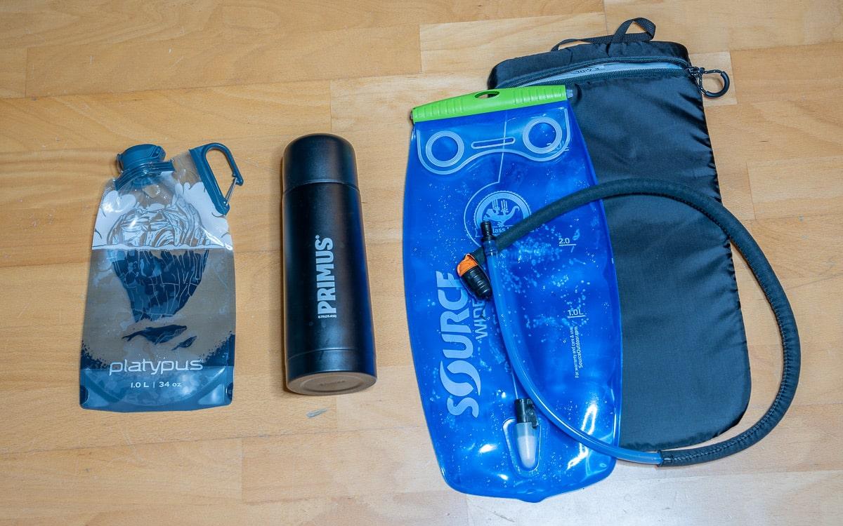 Important gadgets for the Kilimanjaro ascent: hydration bladder and thermos bottle.